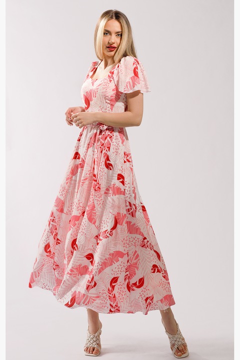 CAMISSI, Rochie maxi cu croiala in A si model, Alb/Roz