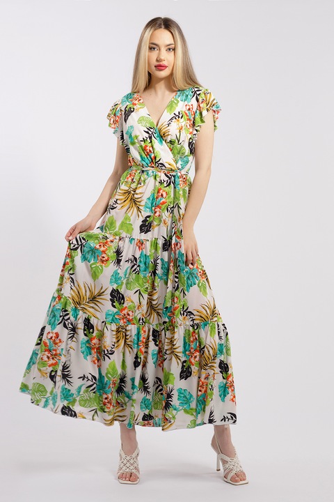 CAMISSI, Rochie lunga cu decolteu in V, Alb/Verde