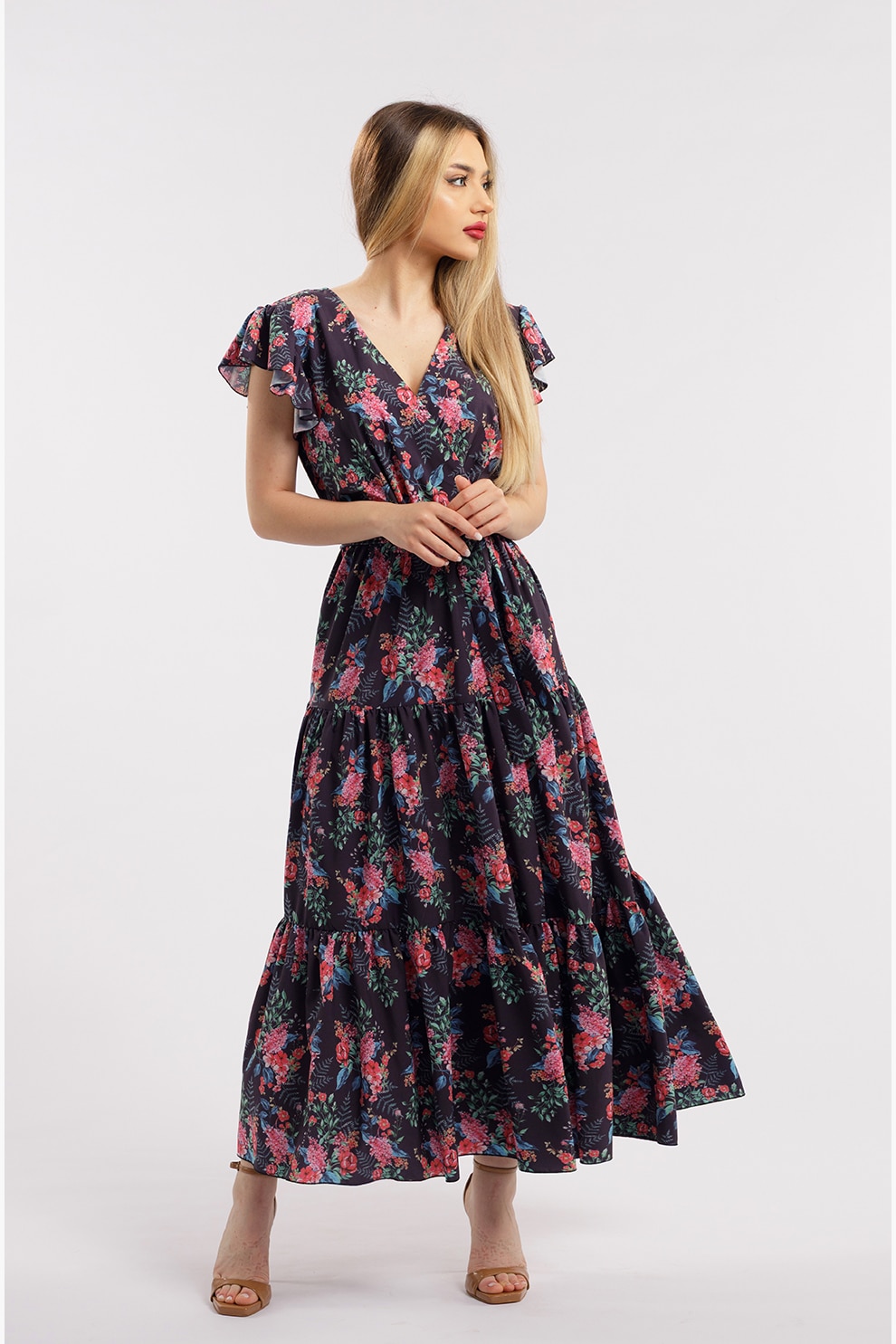 CAMISSI, Rochie lunga cu decolteu in V, Roz, Bleumarin, S-M