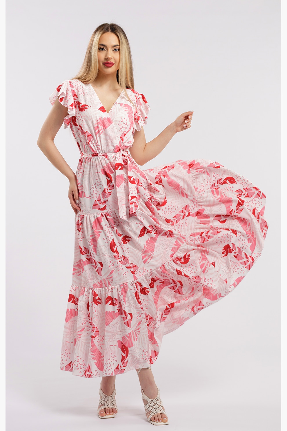 CAMISSI, Rochie lunga cu decolteu in V, Alb, Roz, L-XL