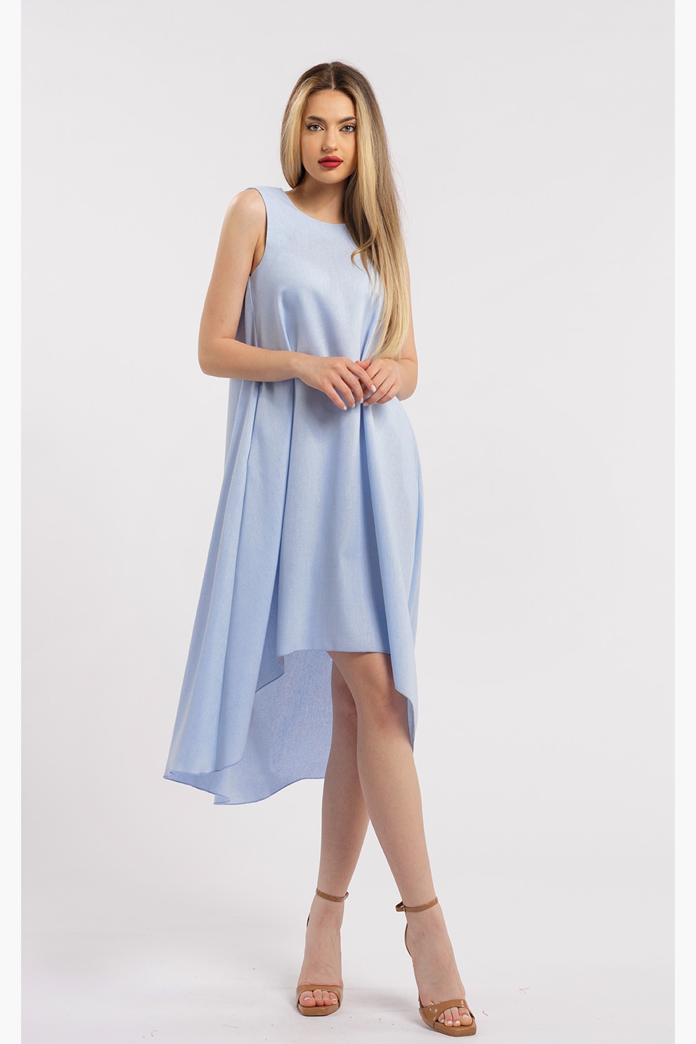 CAMISSI, Rochie asimetrica din in, Albastru azur, L-XL