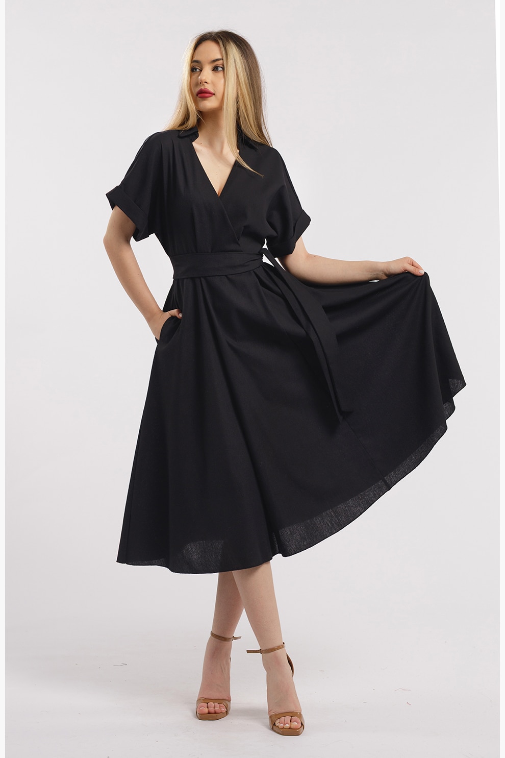 CAMISSI, Rochie midi evazata din in cu decolteu in V, Negru, L-XL