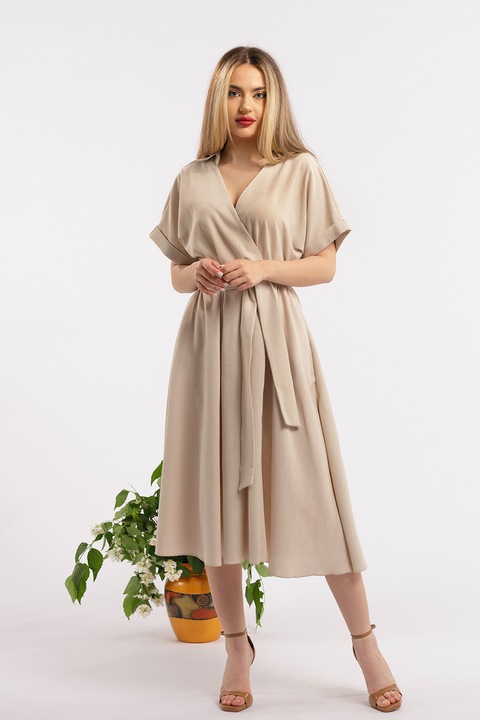 CAMISSI, Rochie midi evazata din in cu decolteu in V, Bej