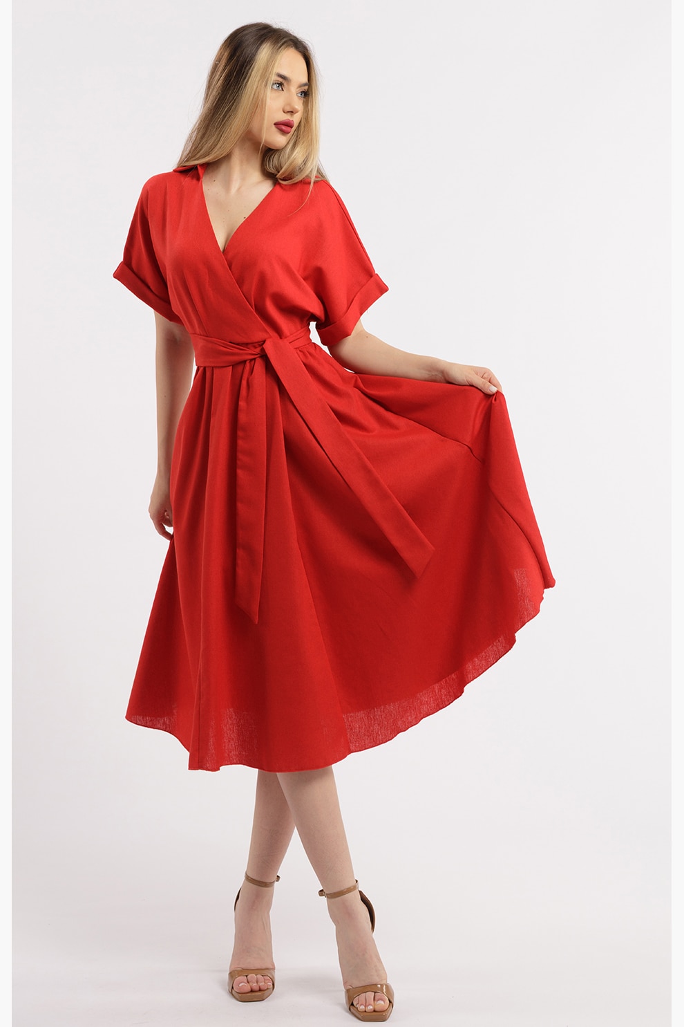 CAMISSI, Rochie midi evazata din in cu decolteu in V, Rosu, L-XL