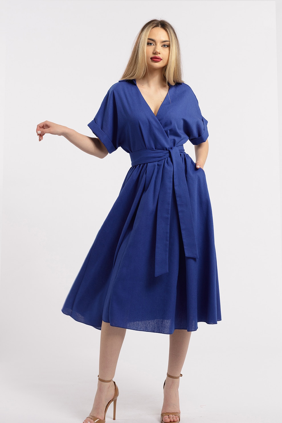 CAMISSI, Rochie midi evazata din in cu decolteu in V, Albastru royal, L-XL