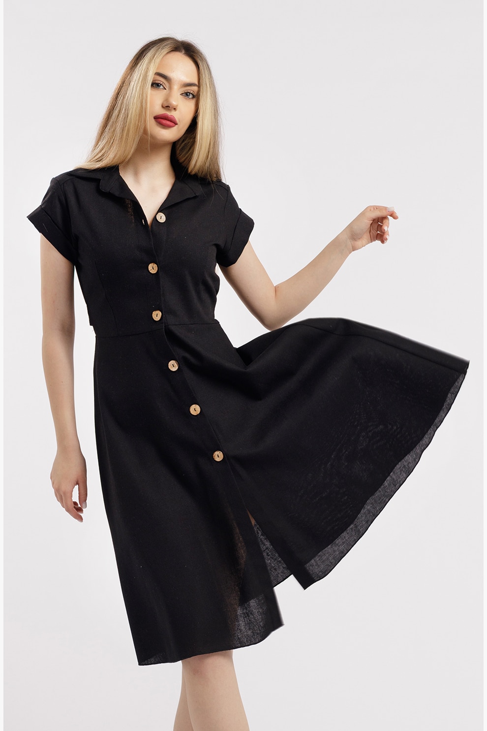 CAMISSI, Rochie-camasa evazata din in, Negru, L-XL