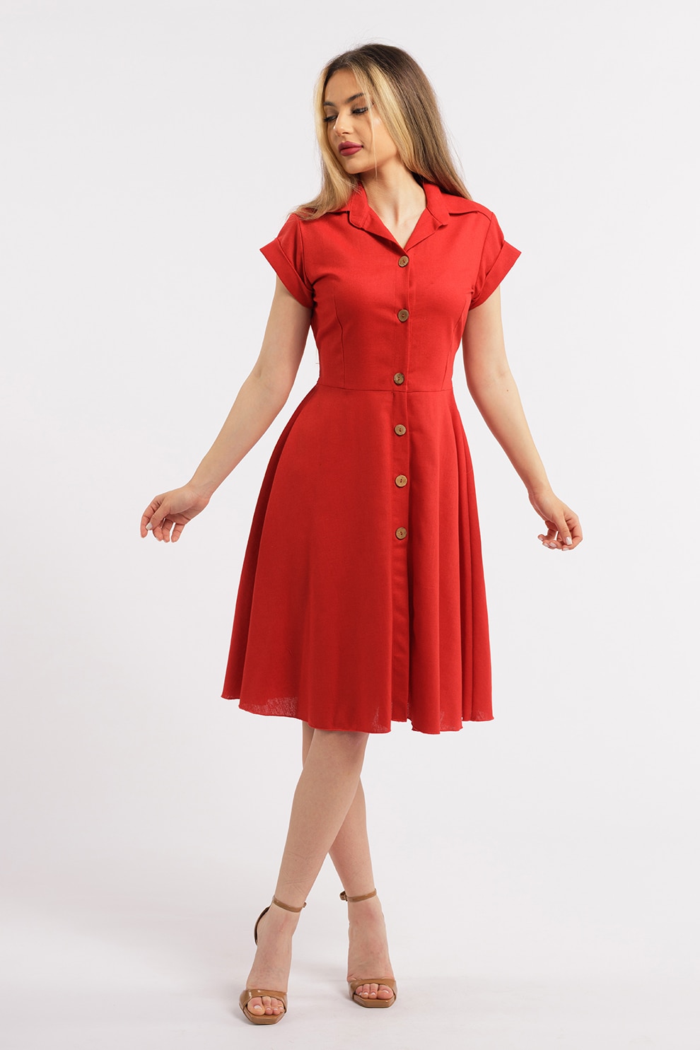 CAMISSI, Rochie-camasa evazata din in, Rosu, L-XL