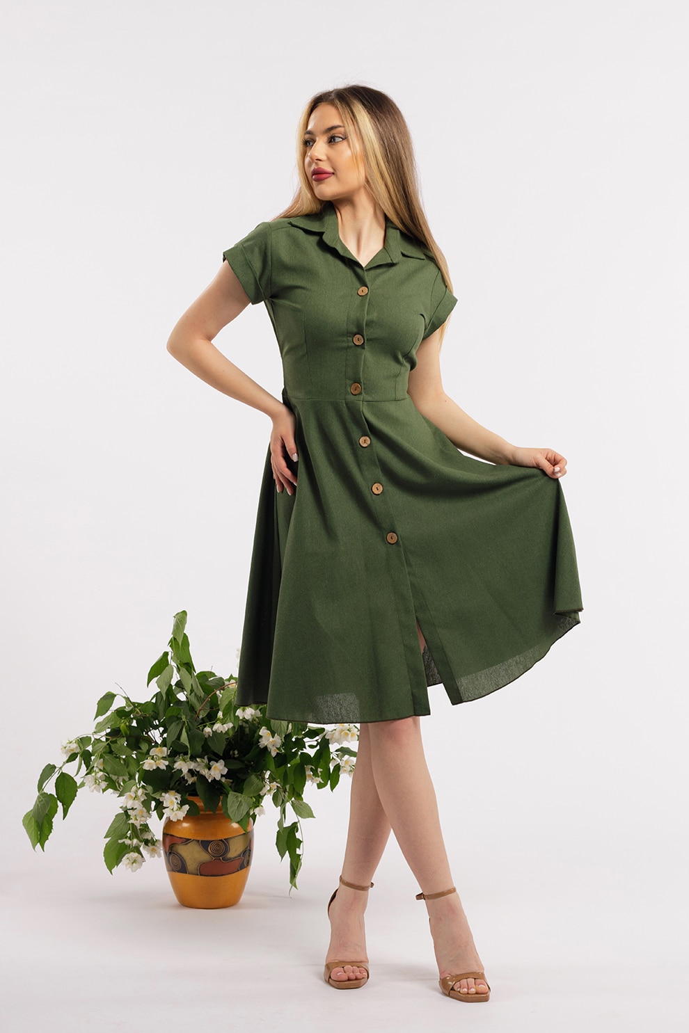 CAMISSI, Rochie-camasa evazata din in, Kaki, L-XL