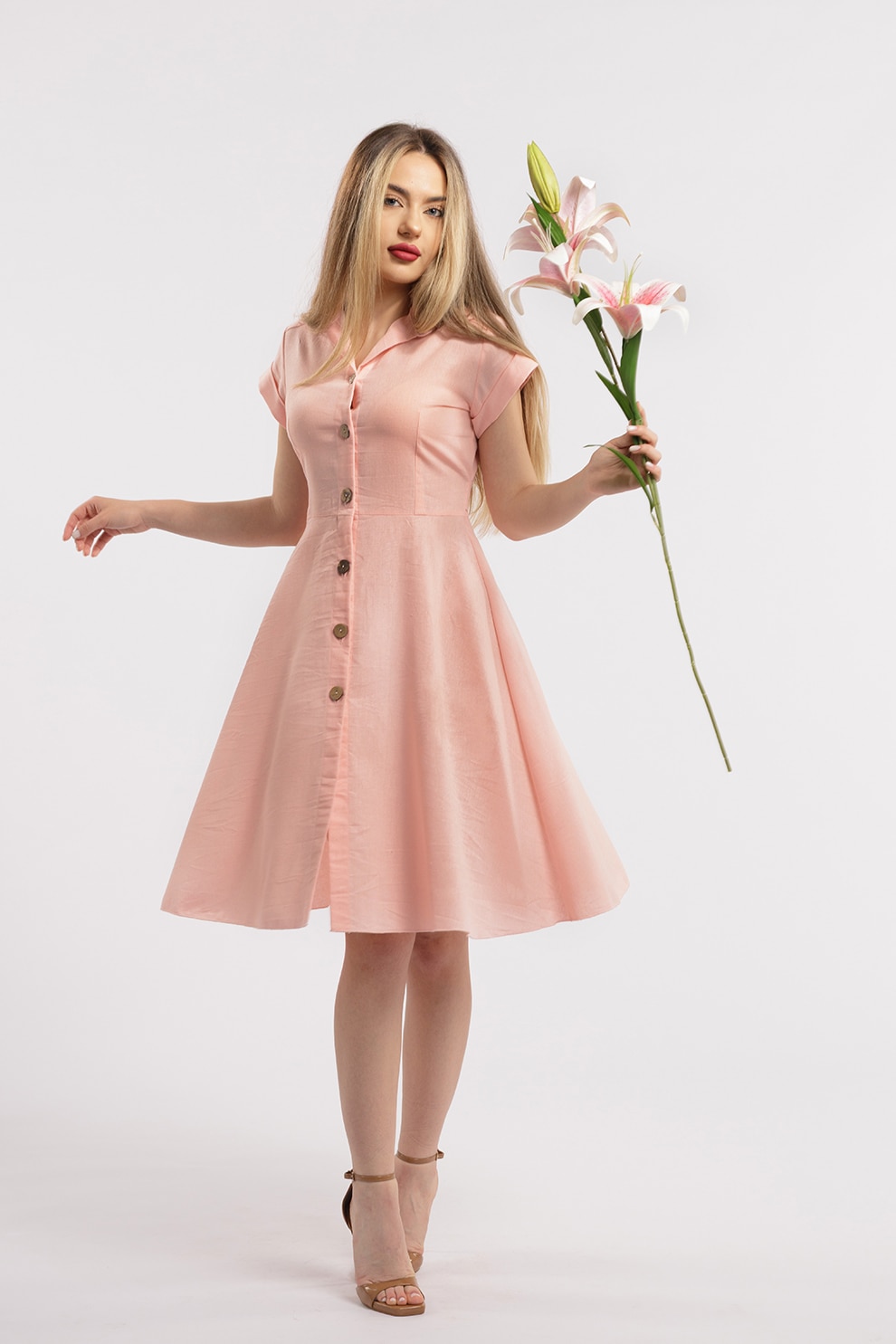 CAMISSI, Rochie-camasa evazata din in, Roz pal, S-M