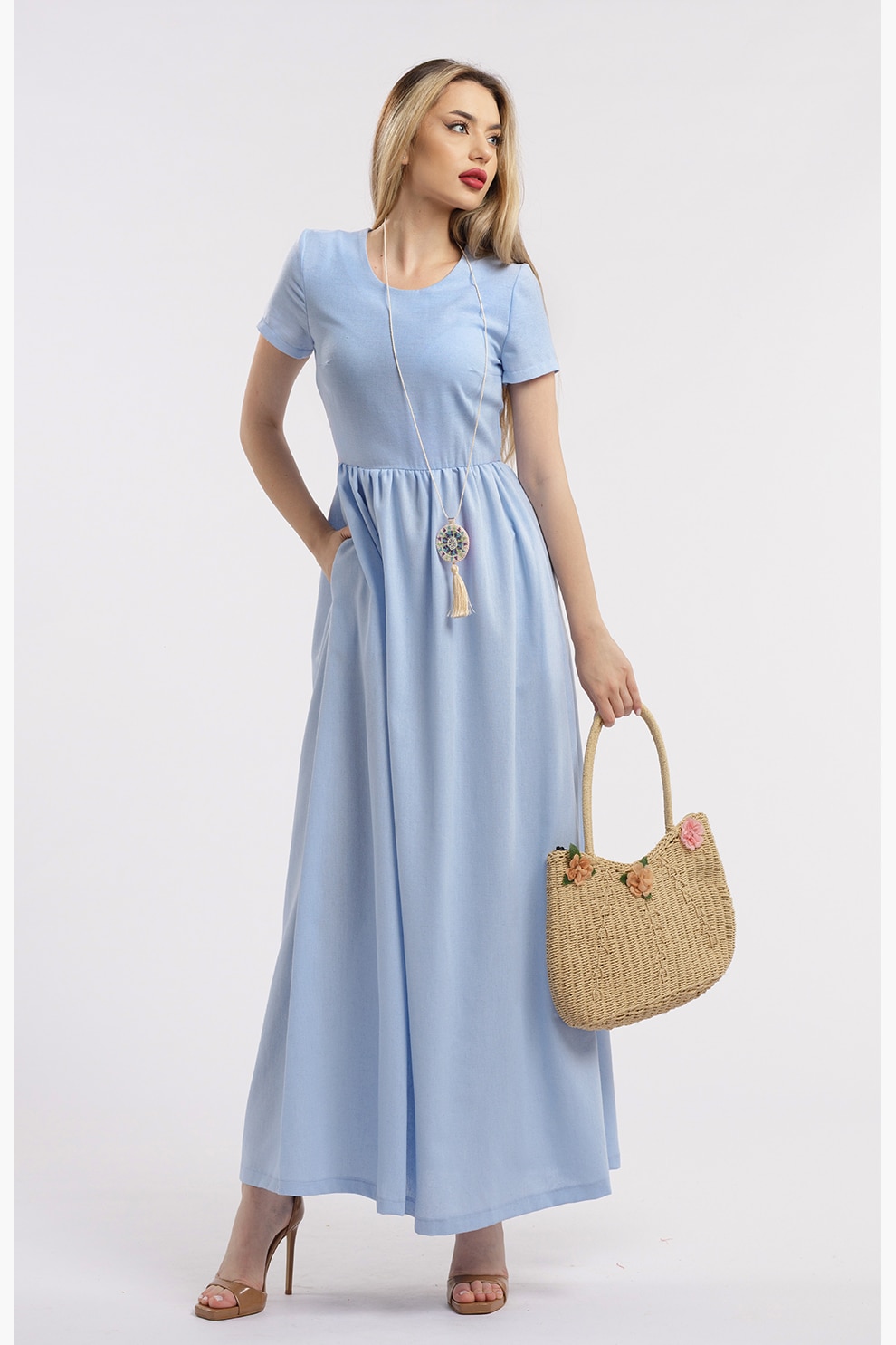 CAMISSI, Rochie maxi din in, Albastru azur, S-M