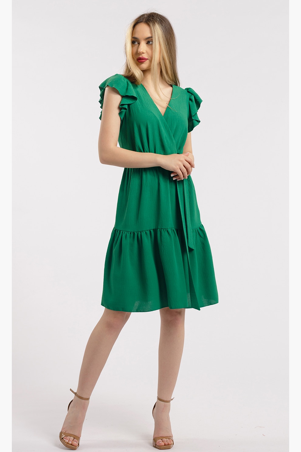 CAMISSI, Rochie scurta cu decolteu in V, Verde, S-M