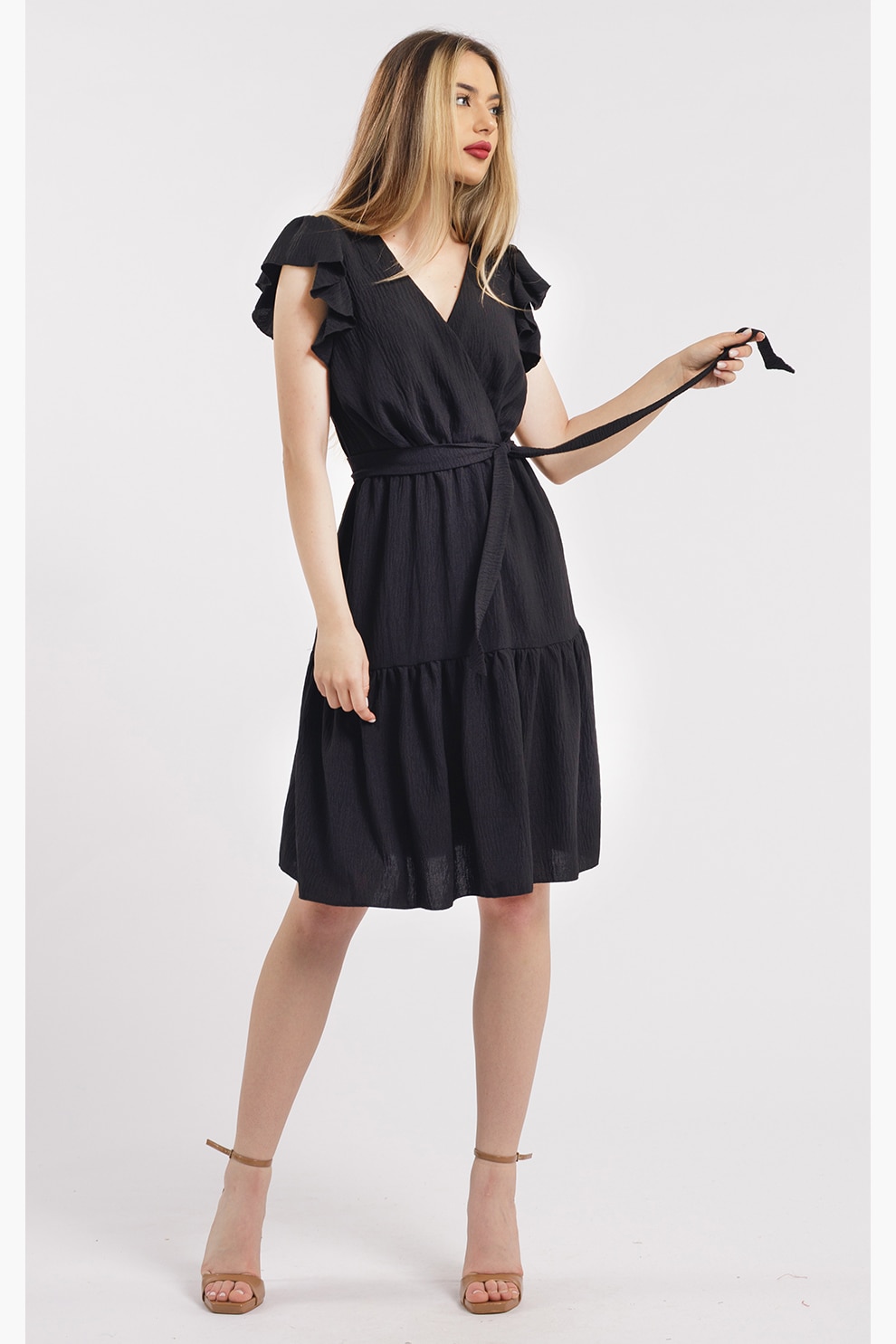 CAMISSI, Rochie scurta cu decolteu in V, Negru, S-M