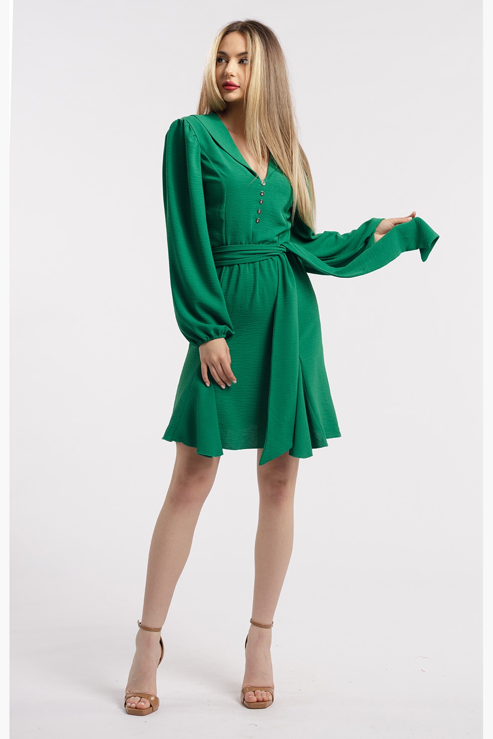 CAMISSI, Rochie cu terminatie asimetrica si decolteu in V, Verde, S-M
