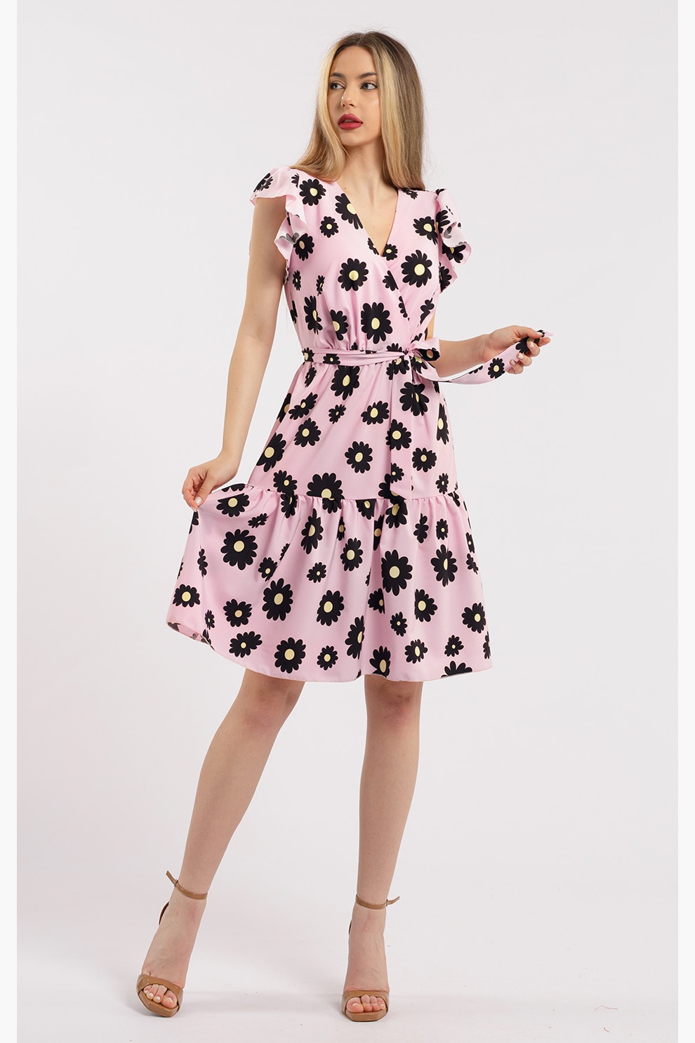CAMISSI, Rochie scurta cu decolteu in V, Negru, Roz pastel, S-M
