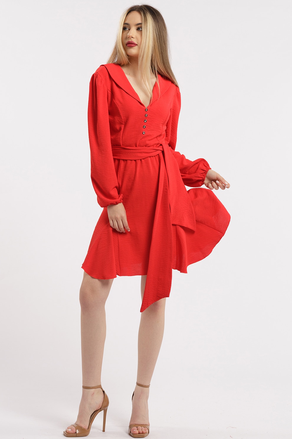 CAMISSI, Rochie cu terminatie asimetrica si decolteu in V, Rosu, S-M