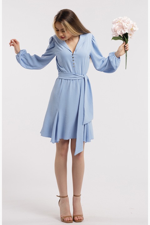 CAMISSI, Rochie cu terminatie asimetrica si decolteu in V, Albastru azur, S-M