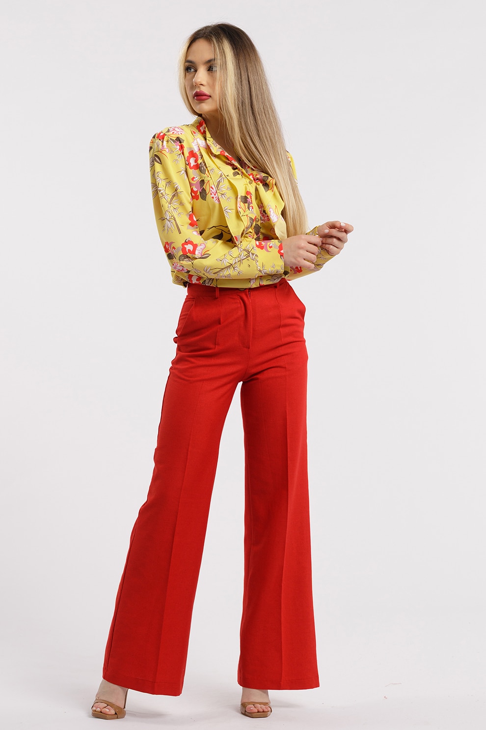 CAMISSI, Pantaloni drepti cu talie inalta, Rosu, S