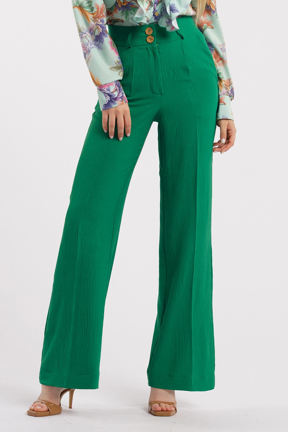 CAMISSI, Pantaloni drepti cu talie inalta, Verde, L