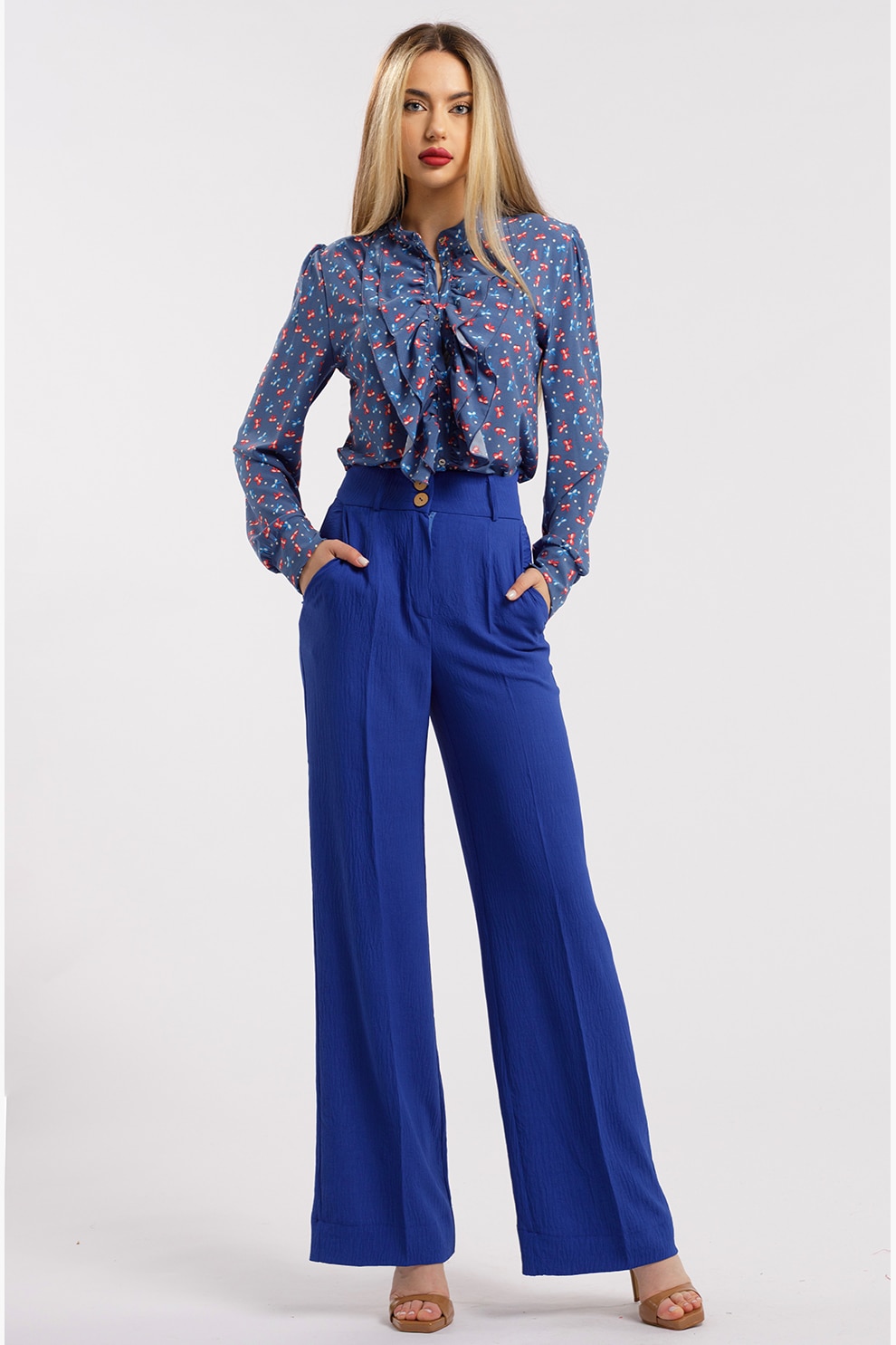 CAMISSI, Pantaloni drepti cu talie inalta, Albastru royal, L