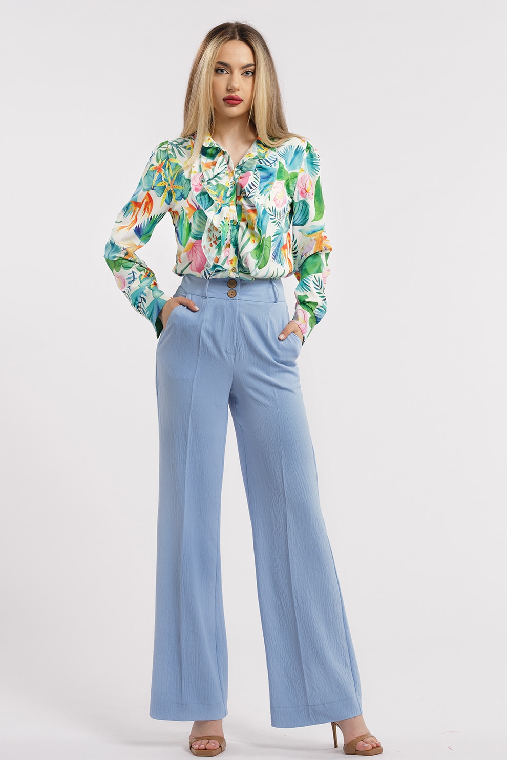 CAMISSI, Pantaloni drepti cu talie inalta, Albastru azur, L