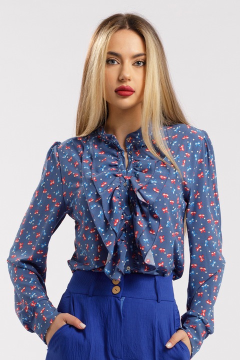 CAMISSI, Camasa cu aplicatii cu volane si model, Rosu/Bleumarin