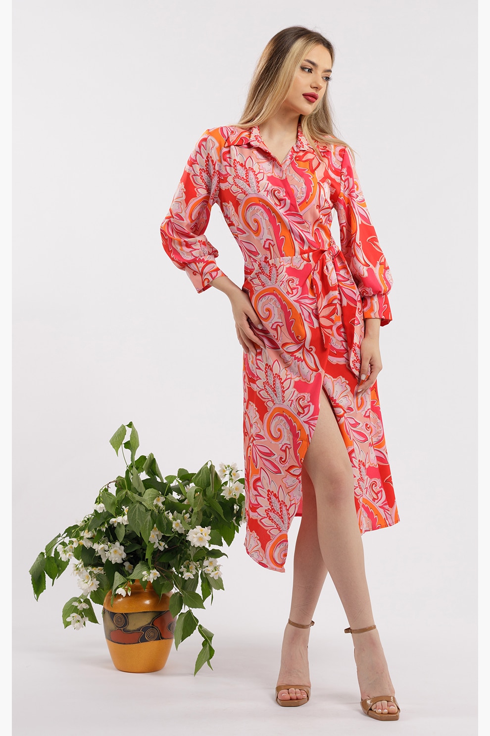 CAMISSI, Rochie midi cu croiala petrecuta si slit frontal, Rosu, Roz, S-M