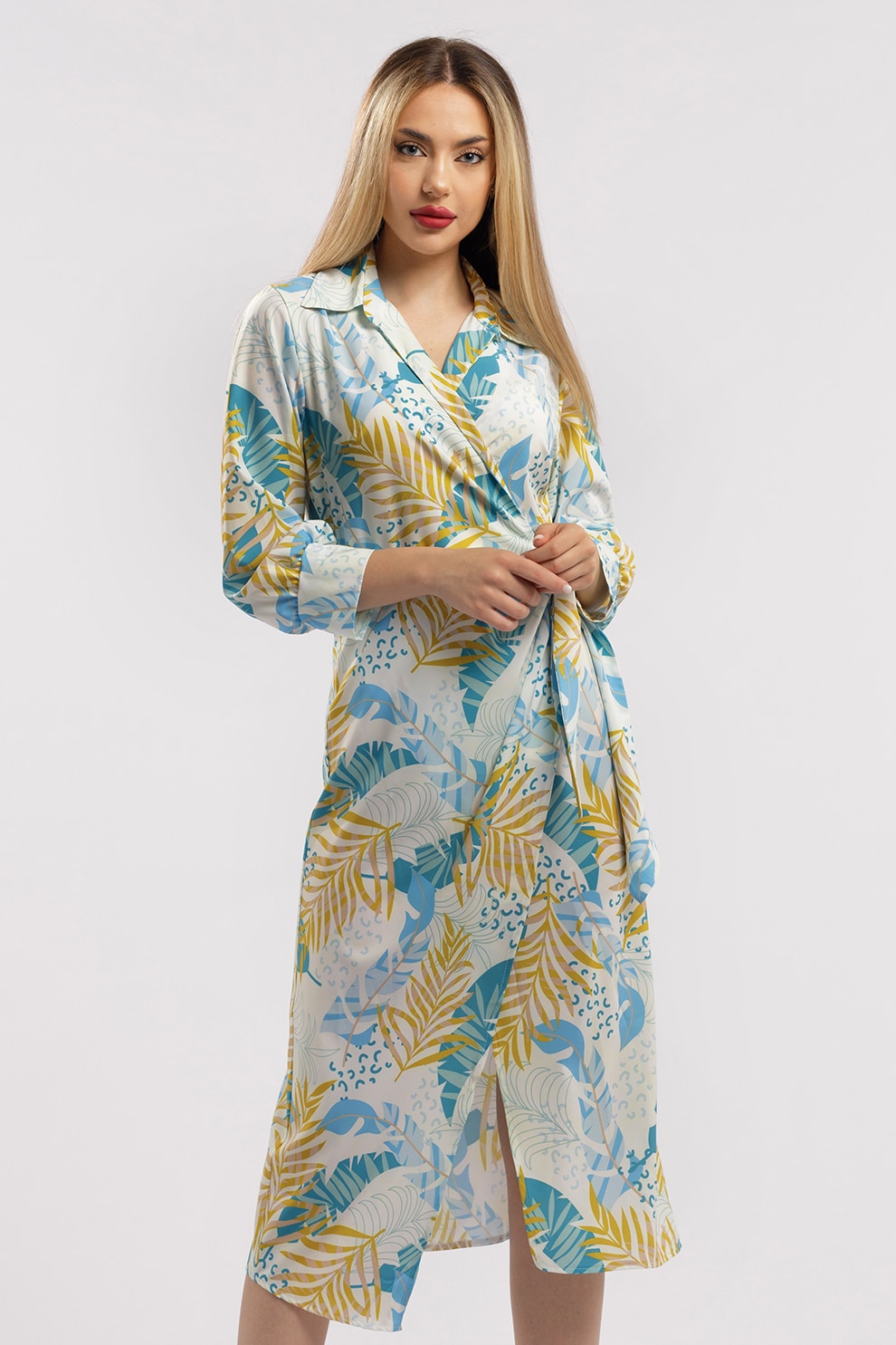 CAMISSI, Rochie midi cu croiala petrecuta si slit frontal, Albastru deschis, Galben mustar, S-M