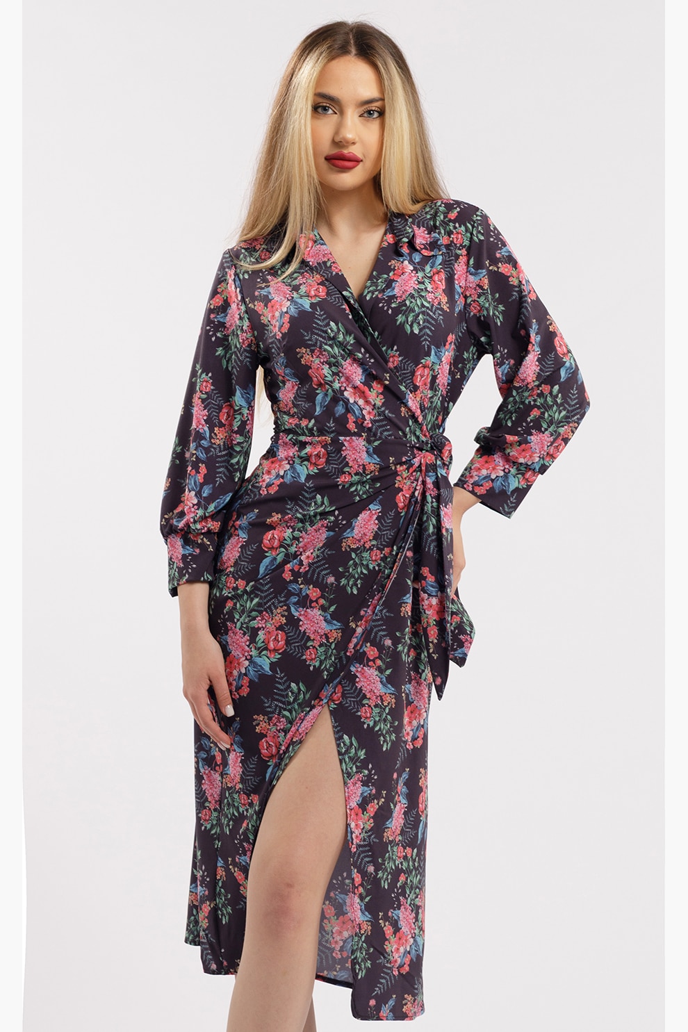 CAMISSI, Rochie midi cu croiala petrecuta si slit frontal, Negru, Roz, S-M