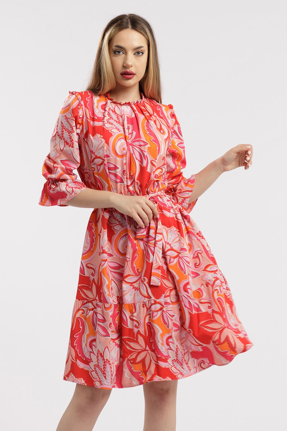 CAMISSI, Rochie scurta cu model, Rosu, Roz, S-M