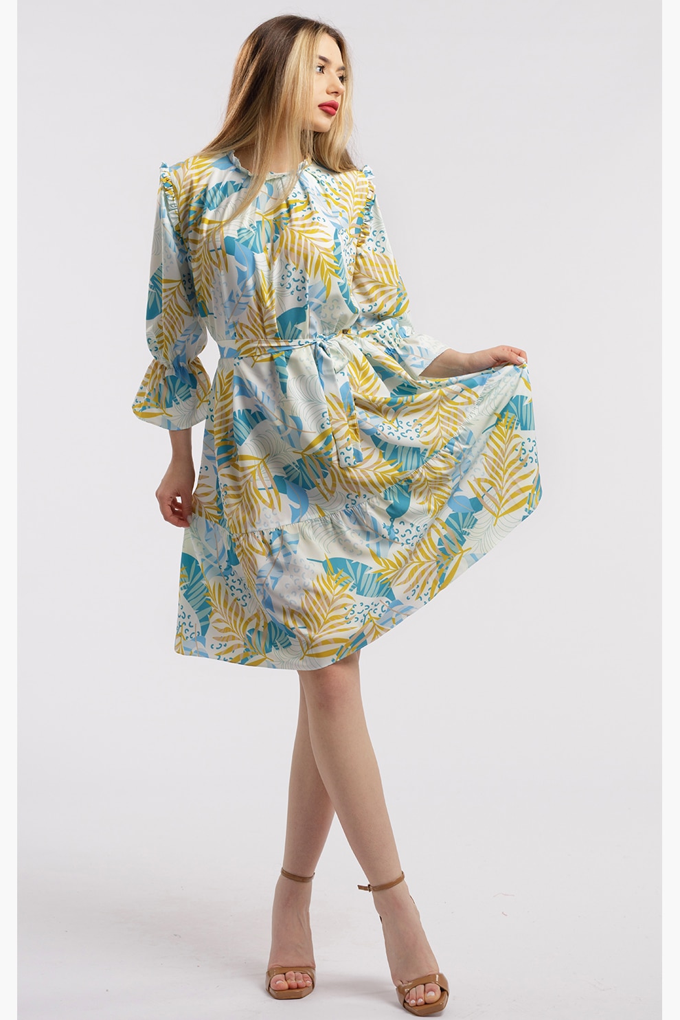 CAMISSI, Rochie scurta cu model, Albastru pastel, Galben mustar, S-M