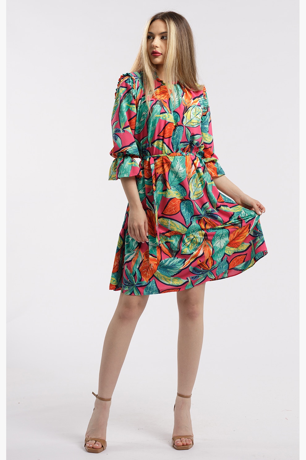 CAMISSI, Rochie scurta cu model, Verde, Fucsia, S-M
