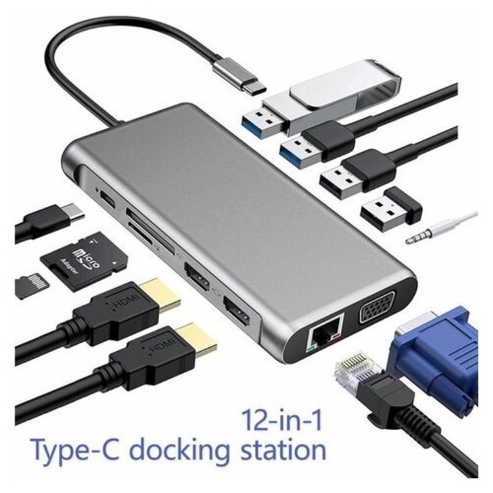 Hub USB-C HERUSI 12 in 1, 4K, HDMI dublu, VGA, Ethernet, 4 USB, SD/TF, negru