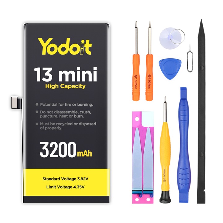 Резервна батерия за iPhone 13 Mini, Yodoit, 3200mAh, с инструменти за ремонт