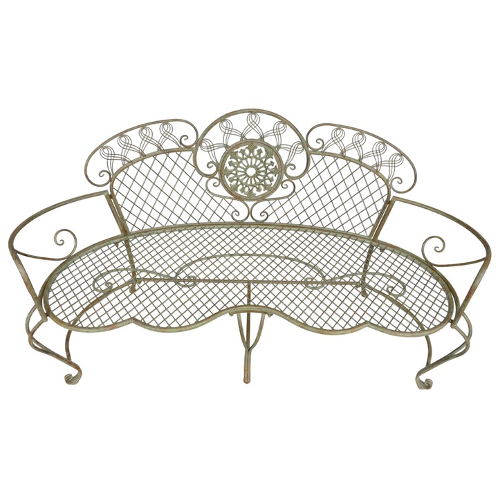 Banca decorativa metalica vintage verde, cu motive florale si spatar lucrat, L. 160 cm, menita sa reziste ani de zile