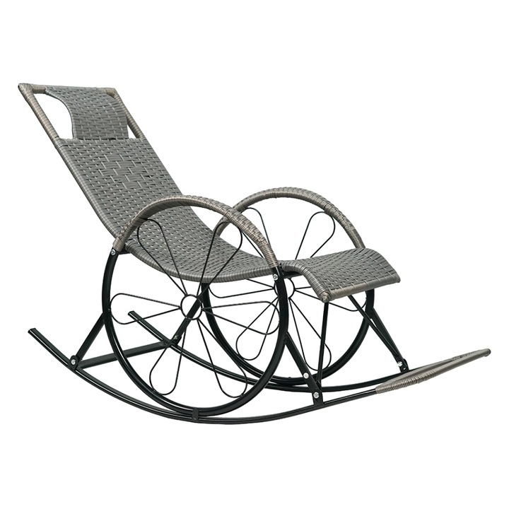 Scaun/fotoliu de balansare, din ratan si metal, gri, potrivit pentru interior si terase acoperite, confortabil, de design, living, terase, balcon, 61x149x90 cm