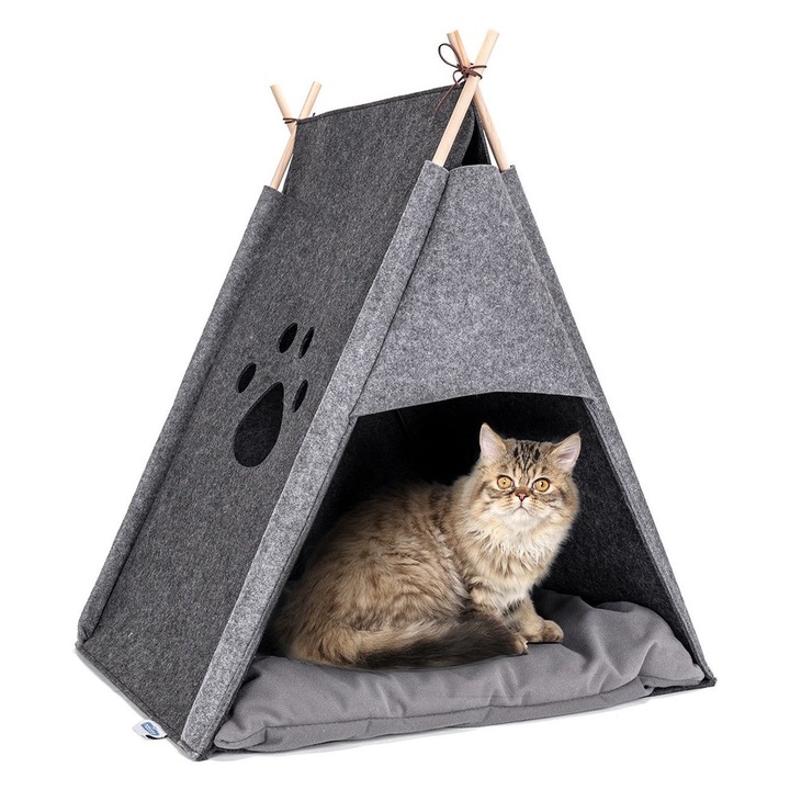 Casuta Tip Cort CHIRASO pentru Pisici, Design Teepee, Material Fetru, 59x50x70 cm, Gri