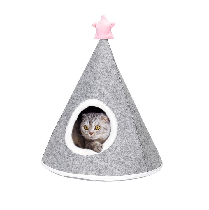 Casuta Tip Igloo CHIRASO pentru Pisici, Design Conic cu Fereastra Rotunda, 50x50x63 cm, Gri