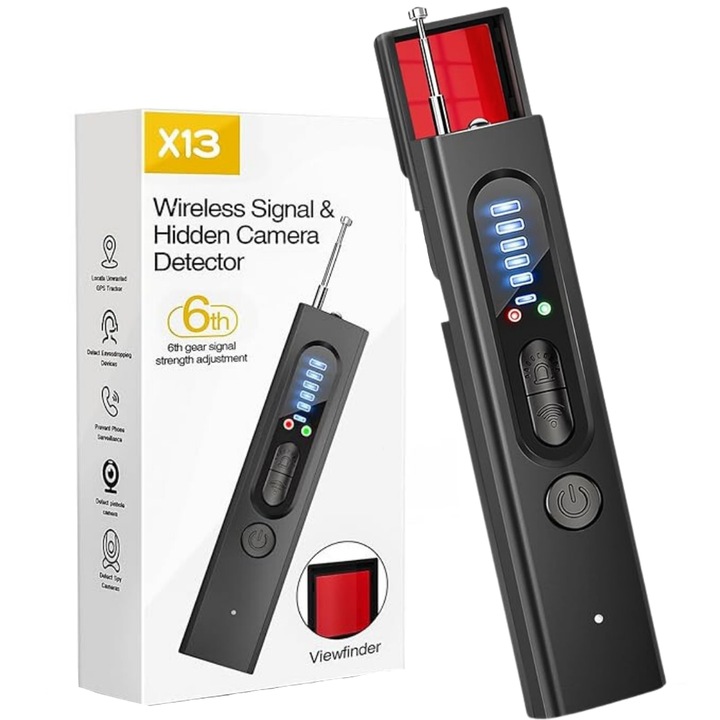 Detector Profesional Aparate Spionaj, Pentru camere si microfoane ascunse, Localizatoare GPS, Dispozitive GSM, Reincarcabil, Autonomie 25 ore, 6 Nivele de sensibilitate, Protejeaza intimitatea, Negru