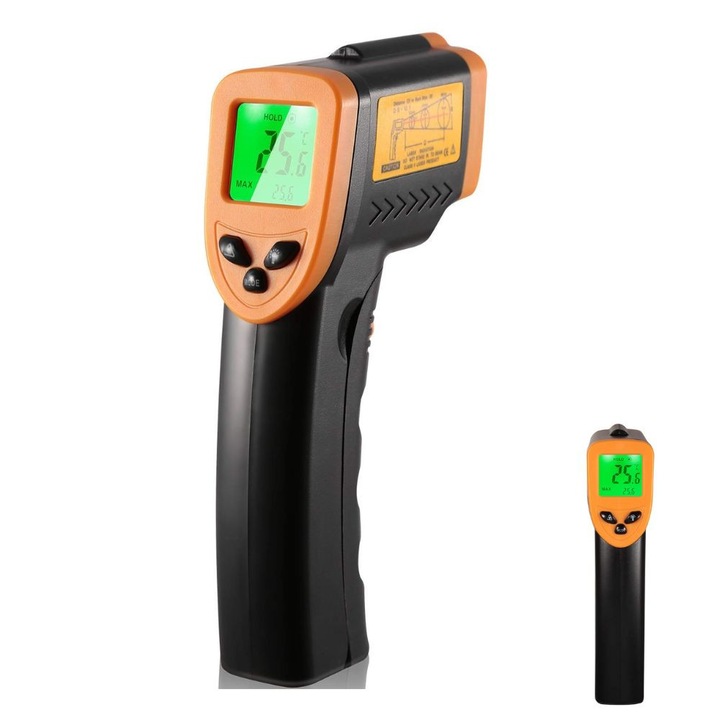Termometru digital cu infrarosu, Alimentar, Portabil, Negru/Portocaliu, Virtual Trend®