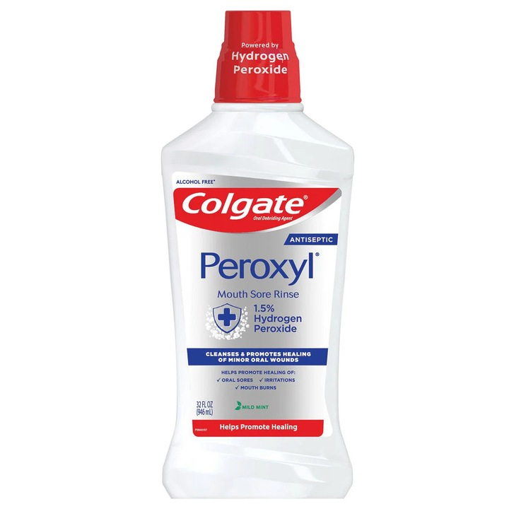 Szájvíz, Colgate, Peroxyl, Fehéríti a Fogakat, Tisztítja és Gyógyítja a Kisebb Szájsebeket, Hidrogén-peroxiddal, Alkoholmentes, 946ml