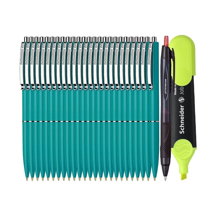 Set Premium - 25 Pixuri Schneider cu mecanism retractabil - Verde, Scriere Albastra, Pix Jetstream si Textmarker Schneider