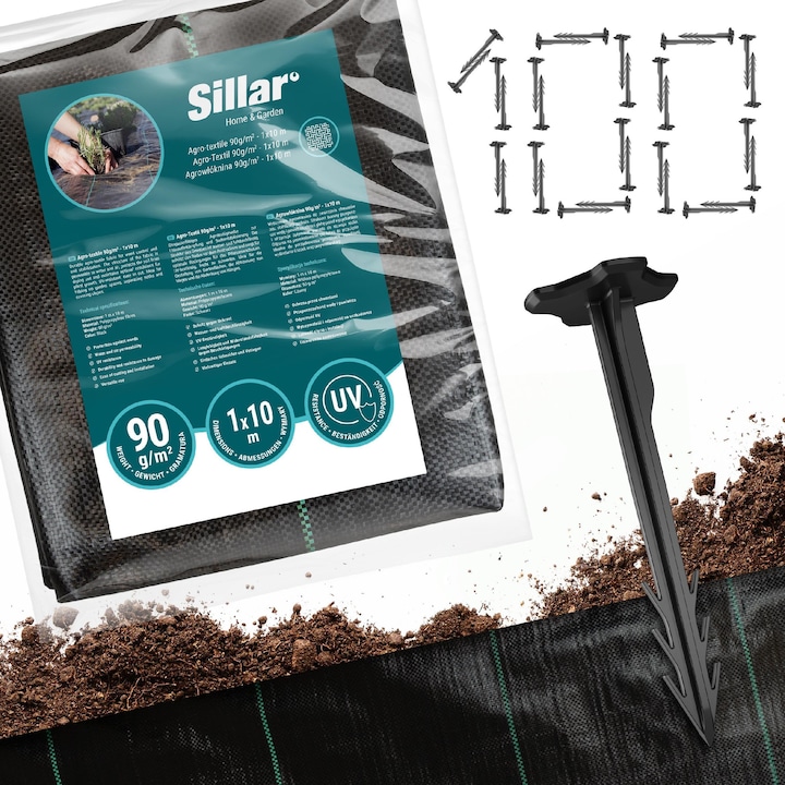 Set Folie agrotextil, antiburuieni, filtru UV, saltea de gradina, 90g/m2 1x10m + 100x Ace de fixare pentru plasa de protectie plante, Sillar