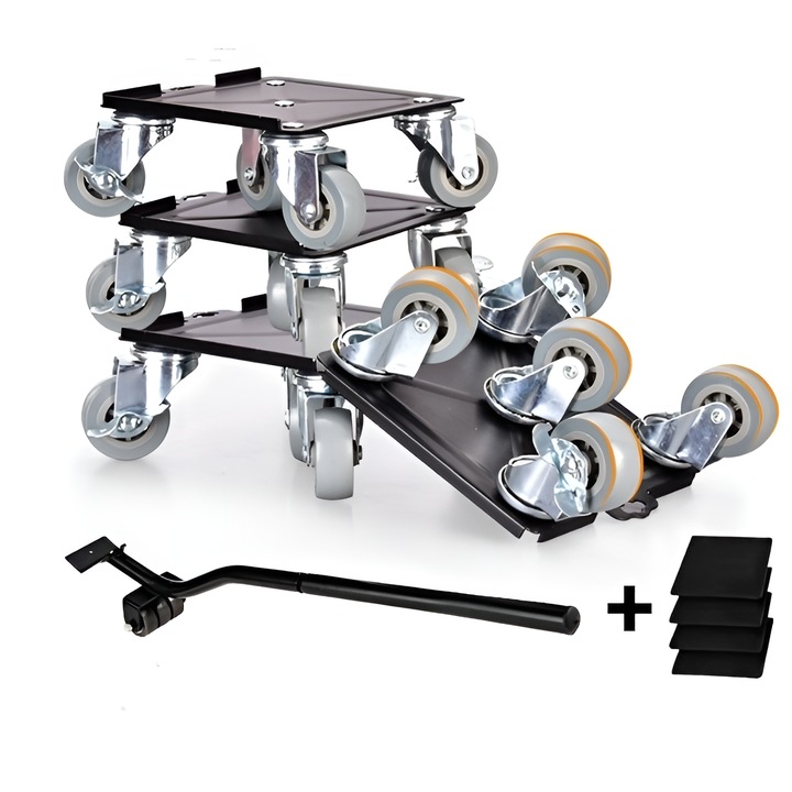 Set suporturi cu roti si levier pentru mutat mobila, Herum, Negru/Gri, 5 piese