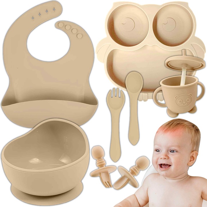 RENEW FORCE® szilikon baba- és gyermek etetőkészlet, előke, rekeszes tányér, tapadókorongos tál, szilikon evőeszköz, uzsonnáspohár, ideális a változatos étkezéshez, allergénmentes, biztonságos gyermekek számára, bézs TAB-SET4