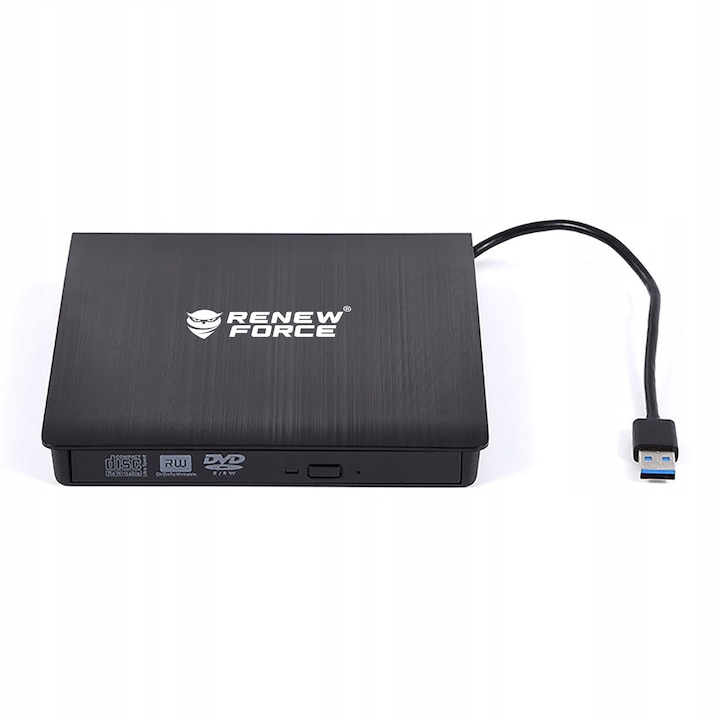 Renew Force USB 3.0 külső DVD-író, ultravékony, CD-R/DVD-ROM/RW, Plug & Play, 5V (USB 3.0), hordozható, Windows 98, SE, ME, 2000, XP, Vista, Windows 7, 8 és MAC OS 9.X / 10.X / Linux, laptophoz, ultrabookhoz, PC-hez, 138x18x135 mm, fekete, DS202