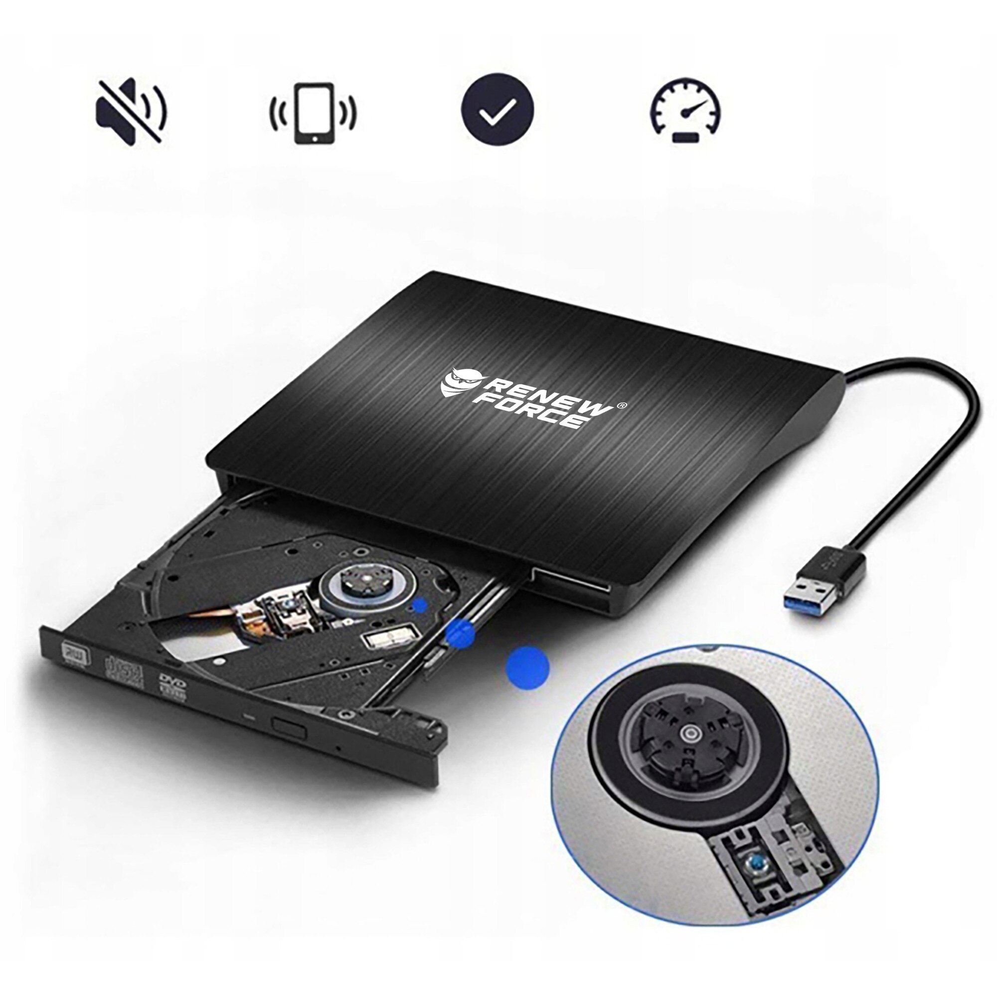 Renew Force USB 3.0 külső DVD-író, ultravékony, CD-R/DVD-ROM/RW, Plug ...