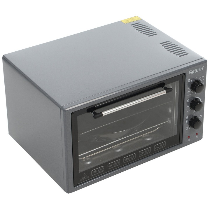 Cuptor electric Saturn ST-EC3804 Graphite, 1500W, 42L, Timer 90 min, Temperatura maxima 320˚C, Acoperire neaderenta, Caracteristici suplimentare: Doua elemente de incalzire, decoare rotunda, decoare dreptunghiulara, gratar grill, rotisor