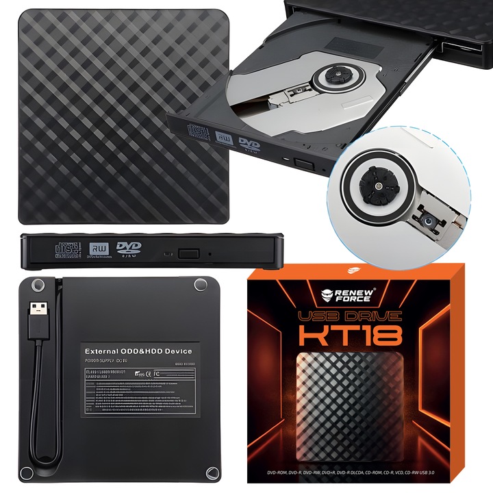 Külső DVD-író RENEW FORCE® USB 3.0/Type-C, CD/DVD RW, Plug & Play, Olvasó és író, Ultravékony, Hordozható, Laptoppal kompatibilis, PC multimédiás kiegészítő, Asztali, Windows 11/10/8/7, macOS, Linux, Fekete, Elegáns dizájn, 14,2x13,8x1,8 cm KT18
