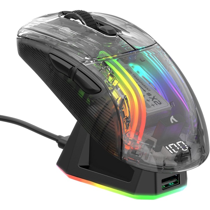 Mouse gaming ATTACK SHARK X2 Pro, 4000 DPI, iluminare RGB, negru, cu statie de incarcare, design ergonomic