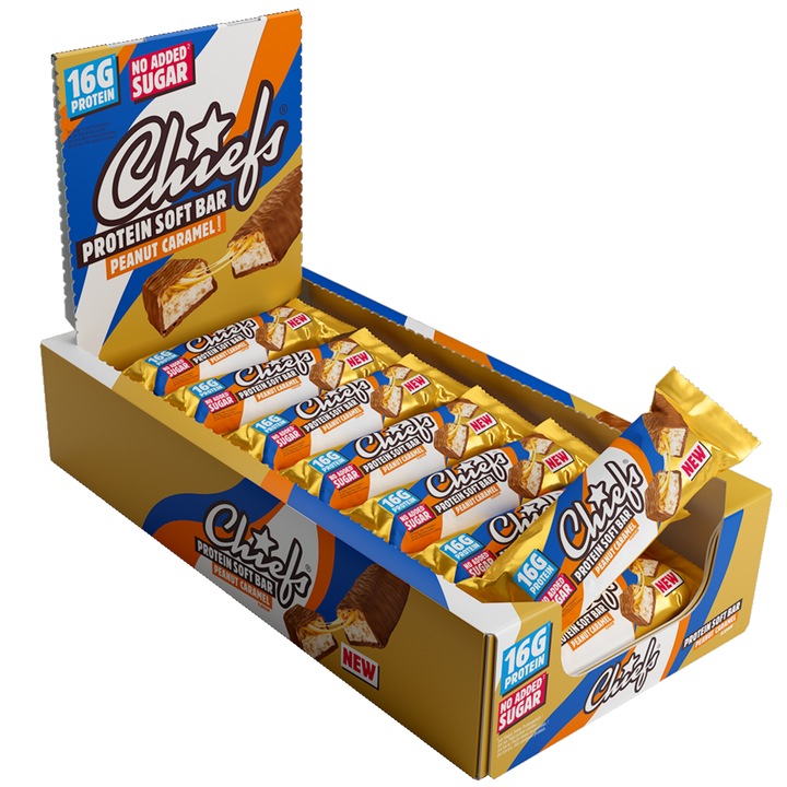Cutie 15 Batoane proteice 55 g Chiefs Peanut Caramel cu aroma de arahide si caramel, 16 g proteina, fara zaharuri adaugate, fara ulei de palmier
